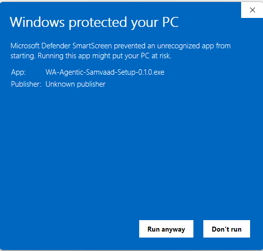 Windows SmartScreen dialog expanded with the Run anyway button visible