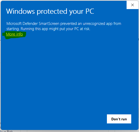 Windows SmartScreen dialog with the More info link highlighted